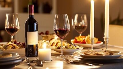 A romantic dinner table setting with a bottle of wine, two glasses of red wine, and various dishes under candlelight.