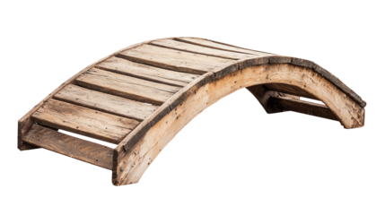 A rustic wooden bridge showcasing an elegant arch and sturdy design, ideal for garden paths or outdoor landscapes.