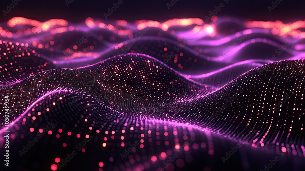 Poster abstract 3d grid of glowing nodes and waveforms representing the evolution of technological processe