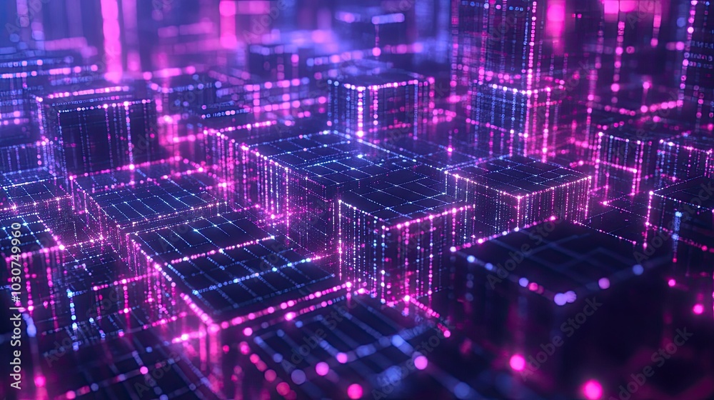 Poster abstract 3d grid of glowing nodes and waveforms representing the evolution of technological processe