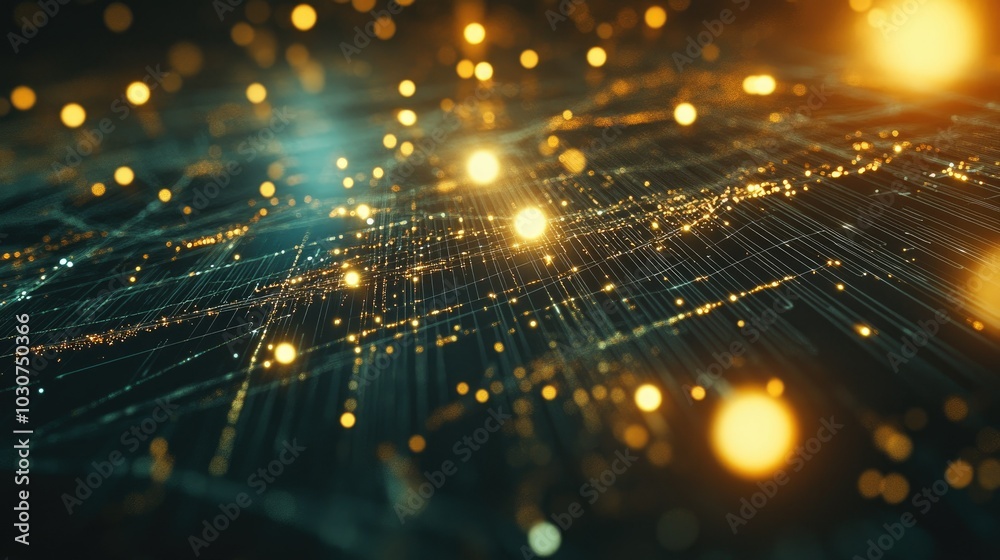 Poster abstract 3d wireframe with glowing lights and floating digital elements representing technological n