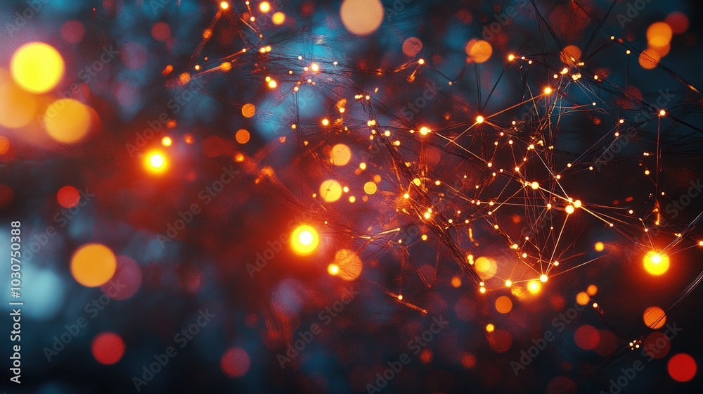 Poster abstract 3d wireframe with glowing lights and floating digital elements representing technological n