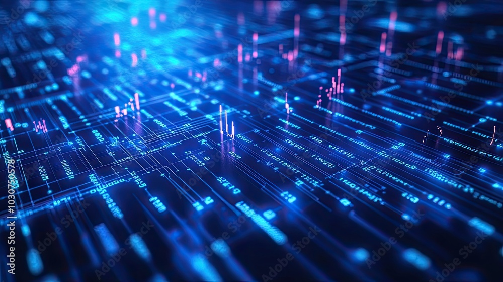 Poster abstract binary code and glowing circuit lines representing the technological landscape of high-tech