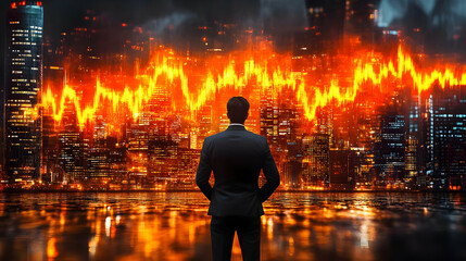 A businessman observes a vibrant city skyline with a fluctuating graph.