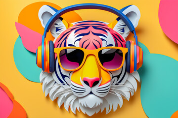 Fototapeta premium illustration of paper art tiger with headphones and sunglasses on the abstract background. 