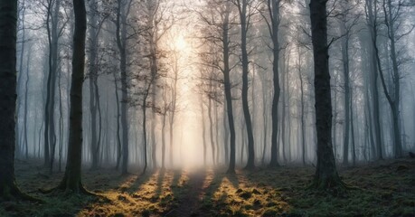 Majestic photo of a foggy forest at dawn