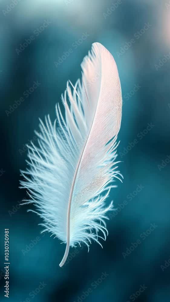 Aufkleber white feather floating in soft focus teal background, tranquility and lightness concept