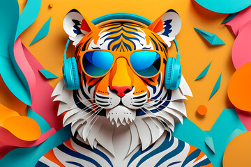 illustration of paper art tiger with headphones and sunglasses on the abstract background.	