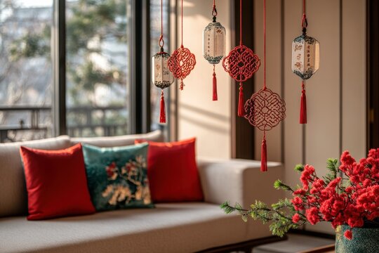 festive chinese decor, elegant chinese knots dangle in a cozy living room, blending beautifully with the vibrant colors of new year celebrations