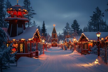 Magical Christmas Lights and Decorations at Santa Claus Village in Rovaniemi, Lapland at Night