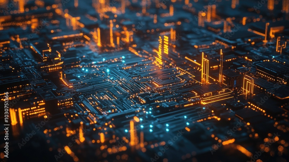 Poster abstract circuit board with glowing data lines and digital particles representing tech-driven innova