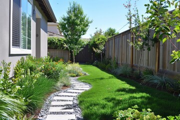 Fototapeta premium Sunrise Landscaping Style Backyard with Wooden Fence, Green Grass Path to Front Door, Grey House with White Windows, Side View Showing Garden Gate