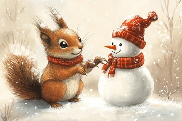 christmas card illustration, a festive hand-drawn christmas card illustrates a cheerful squirrel constructing a snowman in a snowy landscape