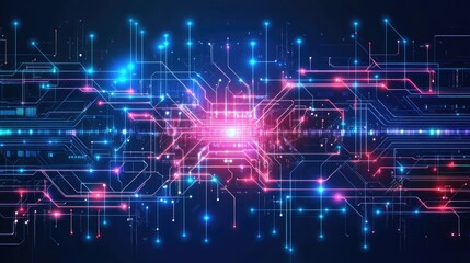 Fototapeta premium Abstract digital circuit board background with glowing neon lines representing data flow and technological processes