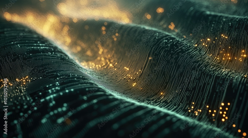 Poster Abstract digital interface with glowing nodes and data waves symbolizing modern technological processes