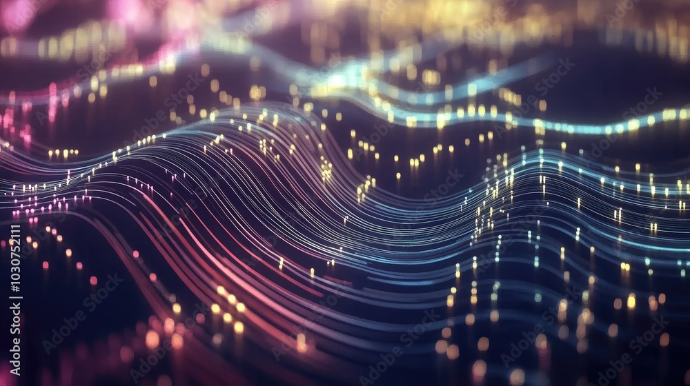 Poster Abstract digital interface with glowing nodes and data waves symbolizing modern technological processes