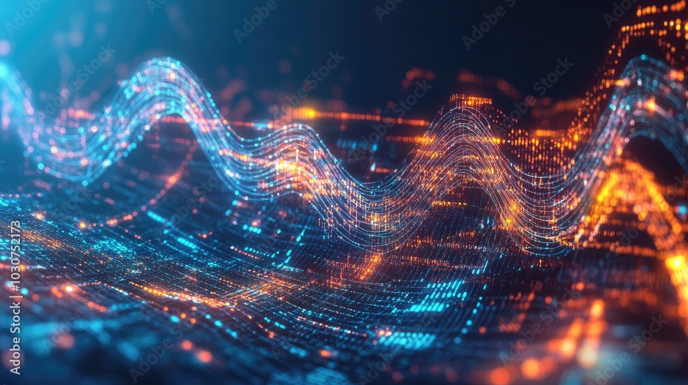 Poster Abstract digital interface with glowing nodes and data waves symbolizing modern technological processes