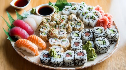 A platter of assorted sushi rolls, nigiri, and sashimi with soy sauce and pickled ginger on a wooden table.