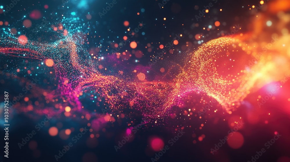 Poster abstract digital particles and flowing circuits representing the speed of technological innovation a