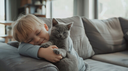 little boy hugs a gray kitten at home. friendship of a child and a pet, atmosphere of warmth and joy