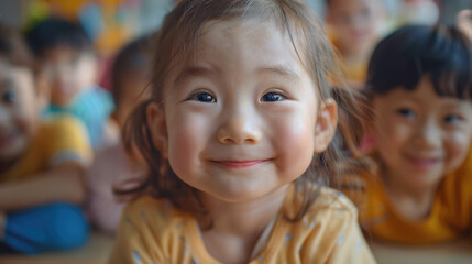 Obraz premium portrait of a girl against the background of a group of smiling children in elementary school in a classroom lesson