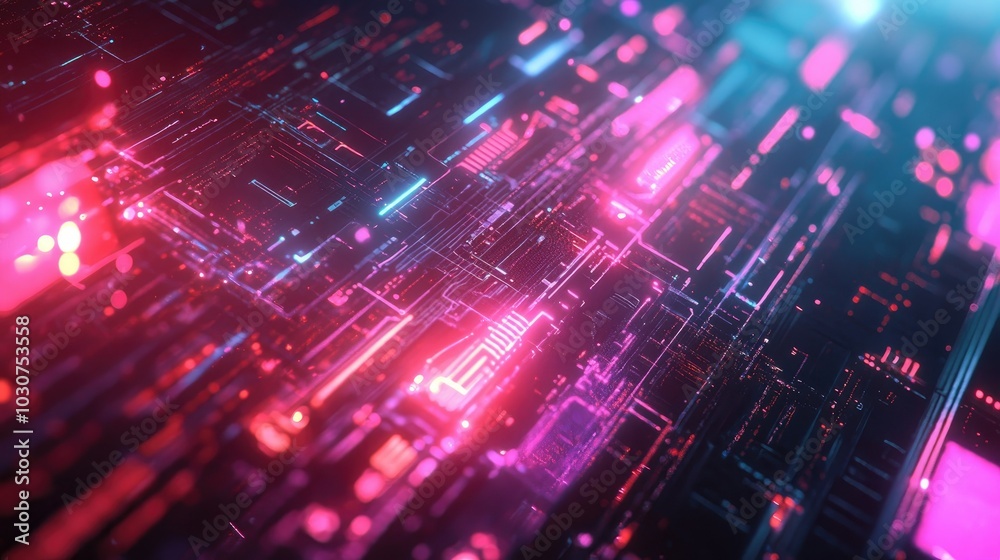 Poster Abstract futuristic interface with glowing data nodes and digital signals representing modern tech processes