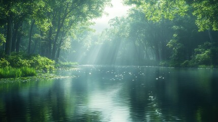 Serene River Flowing Through a Dense Forest Ideal for Nature and Relaxation Themes