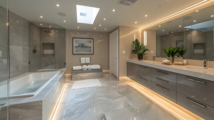 Modern bathroom featuring a bathtub, double vanity, and plants.