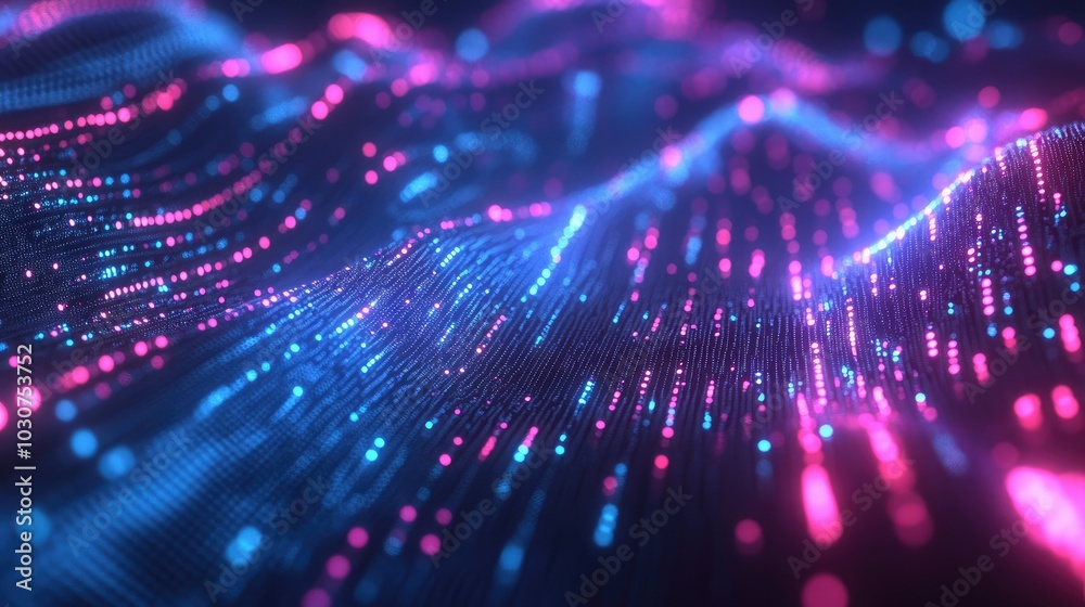 Poster abstract futuristic mesh of glowing particles and data pathways representing tech-driven processes a