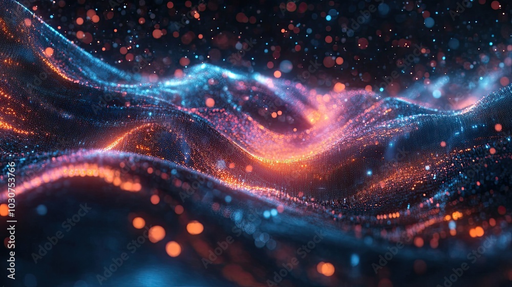 Poster abstract futuristic mesh of glowing particles and data pathways representing tech-driven processes a