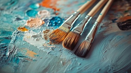 Fototapeta premium Three paint brushes rest on a colorful palette with dried paint.