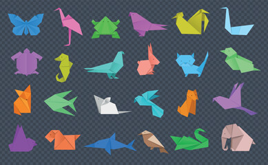 Origami. Animals from paper different geometric shapes crafting templates of elephant dog cat birds and butterfly recent vector set
