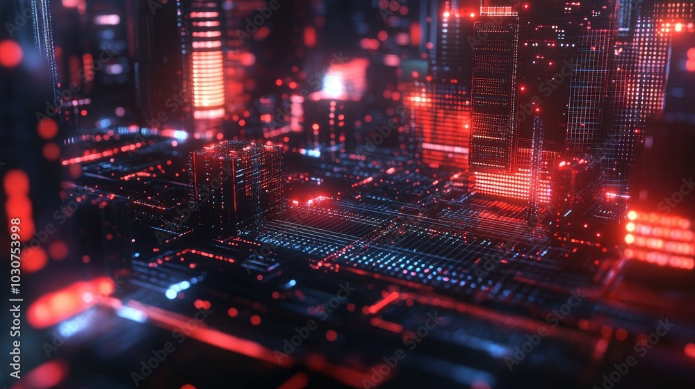 Poster abstract geometric shapes and digital nodes glowing in a high-tech digital environment representing 