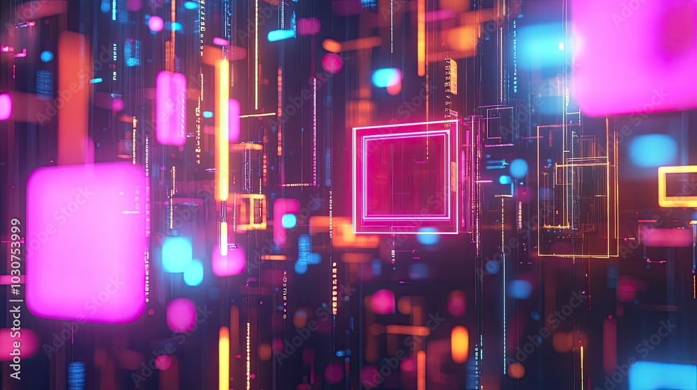 Poster abstract geometric shapes and glowing circuits representing the flow of data in technological system