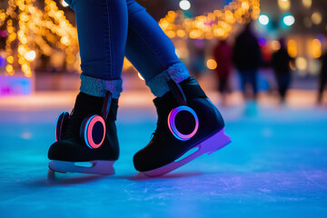 Silent disco on an ice skating rink where participants dance and skate to music via wireless headphones, creating a fun and festive winter activity. 