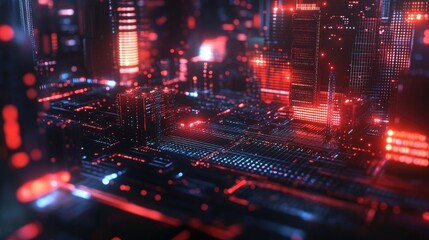 Obraz premium Abstract geometric shapes and digital nodes glowing in a high-tech digital environment representing tech processes