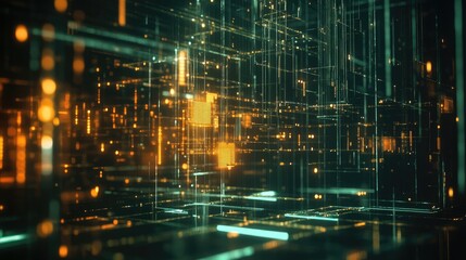 Naklejka premium Abstract geometric shapes and glowing data points representing the flow of information in tech processes