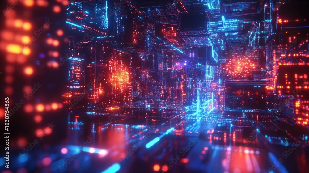 Poster abstract geometric shapes and glowing particles representing tech processes and digital infrastructu