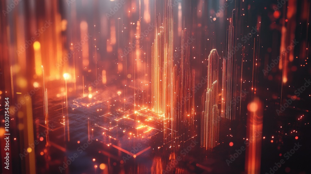 Poster abstract geometric shapes and glowing particles representing tech processes and digital infrastructu