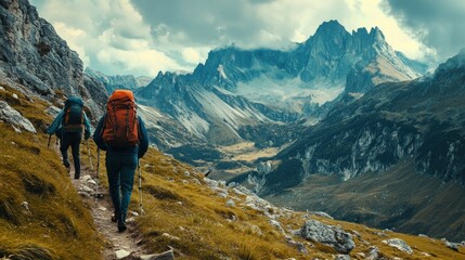Two hikers ascend a mountain path with towering peaks in the background.