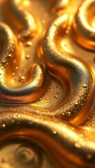 Abstract Liquid Gold Flow with Metallic Sheen and Textured Droplets - Elegant Organic Curves in Warm Golden Tones for Modern Luxury Art Decor or Gallery Feature Display
