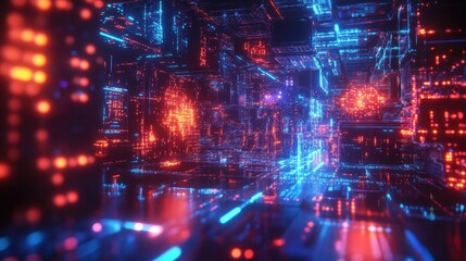 Fototapeta premium Abstract geometric shapes and glowing particles representing tech processes and digital infrastructure