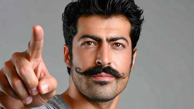 Portrait of a Man with Mustache Pointing Forward Confidently on Gray Background, Featuring Casual Attire and Intense Expression, Studio Photography