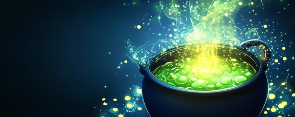 Magical cauldron bubbling with bright green liquid, emitting mystical sparks against a dark, enchanting background.