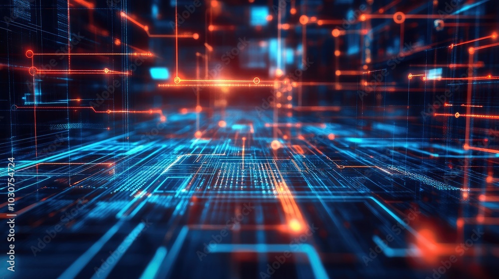 Poster abstract glowing circuitry with digital data points symbolizing tech processes and digital innovatio