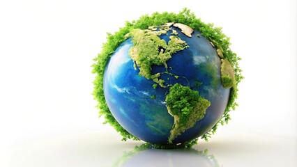 Fototapeta premium Forced perspective earth globe with greenery isolated on white