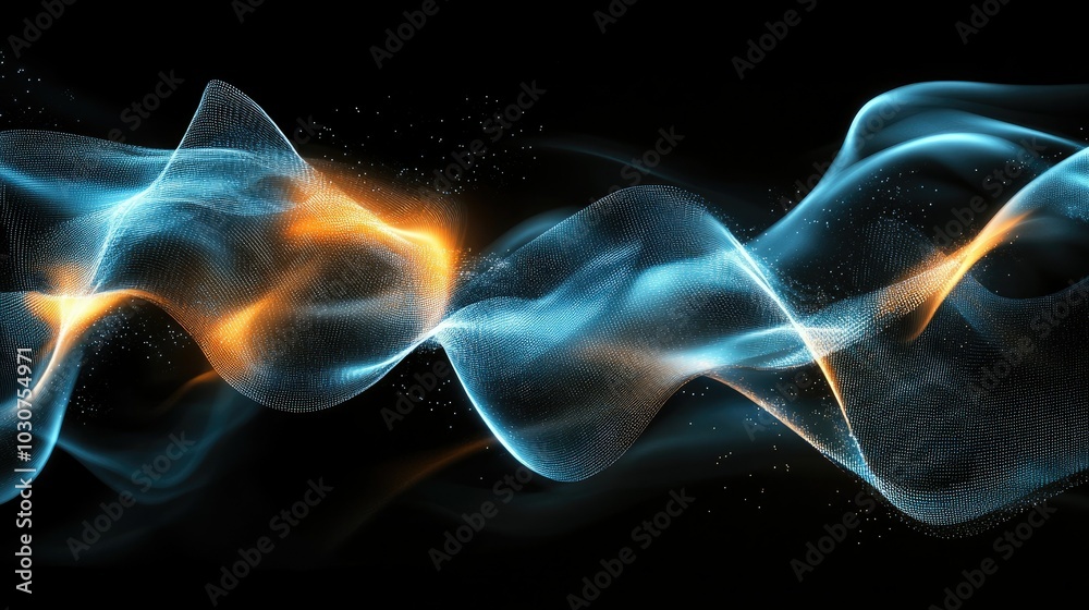 Poster abstract glowing lines and digital waveforms representing the flow of data in advanced technological
