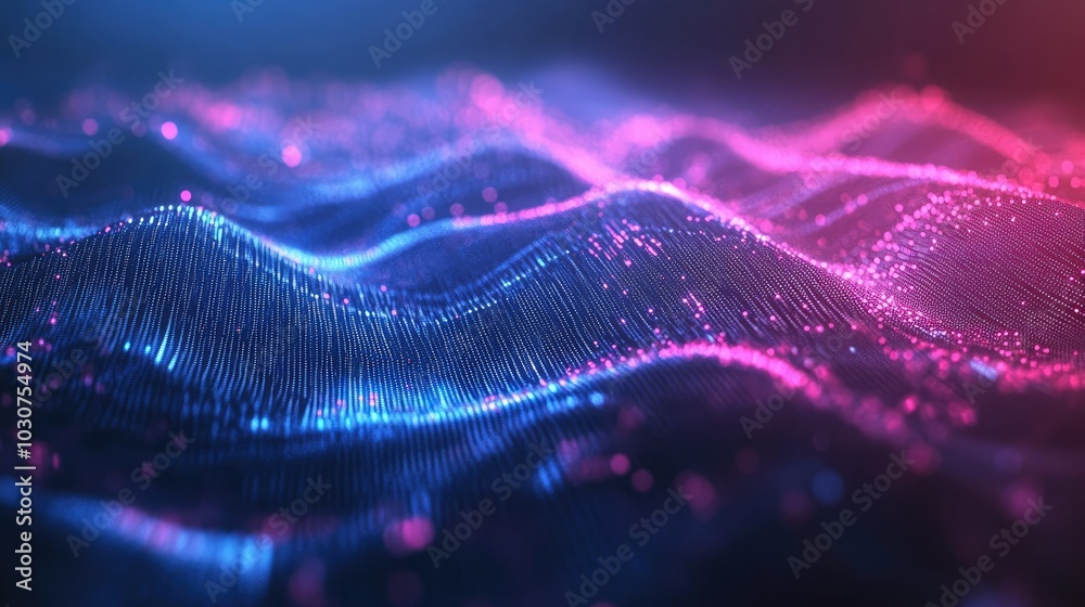 Poster abstract glowing lines and digital waveforms representing the flow of data in advanced technological