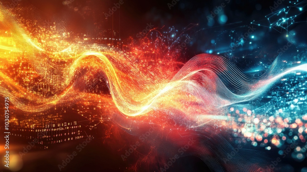 Poster abstract glowing lines and digital waveforms representing the flow of data in advanced technological