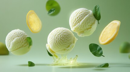Yuzu Sorbet Scoops in Levitation with Fruit Slices